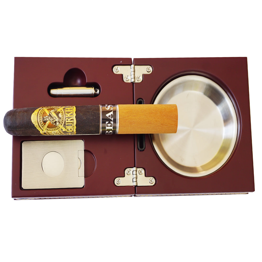 The Compact with Leather - Folding Cigar Ashtray with Cigar Cutter and Punch - 4.75 x 4.75 x 2.8)