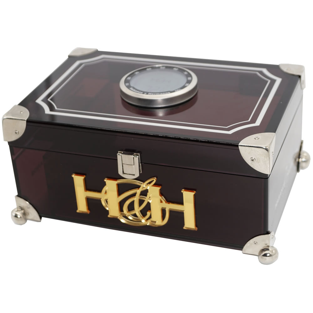 The Prisma Collection - The Petite Edition - Smoked Gray - Digital Hygrometer and Cedar Balls - Dimensions: H: 4 1/2, W: 10, D: 6 3/4 - Capacity: 50 Cigars