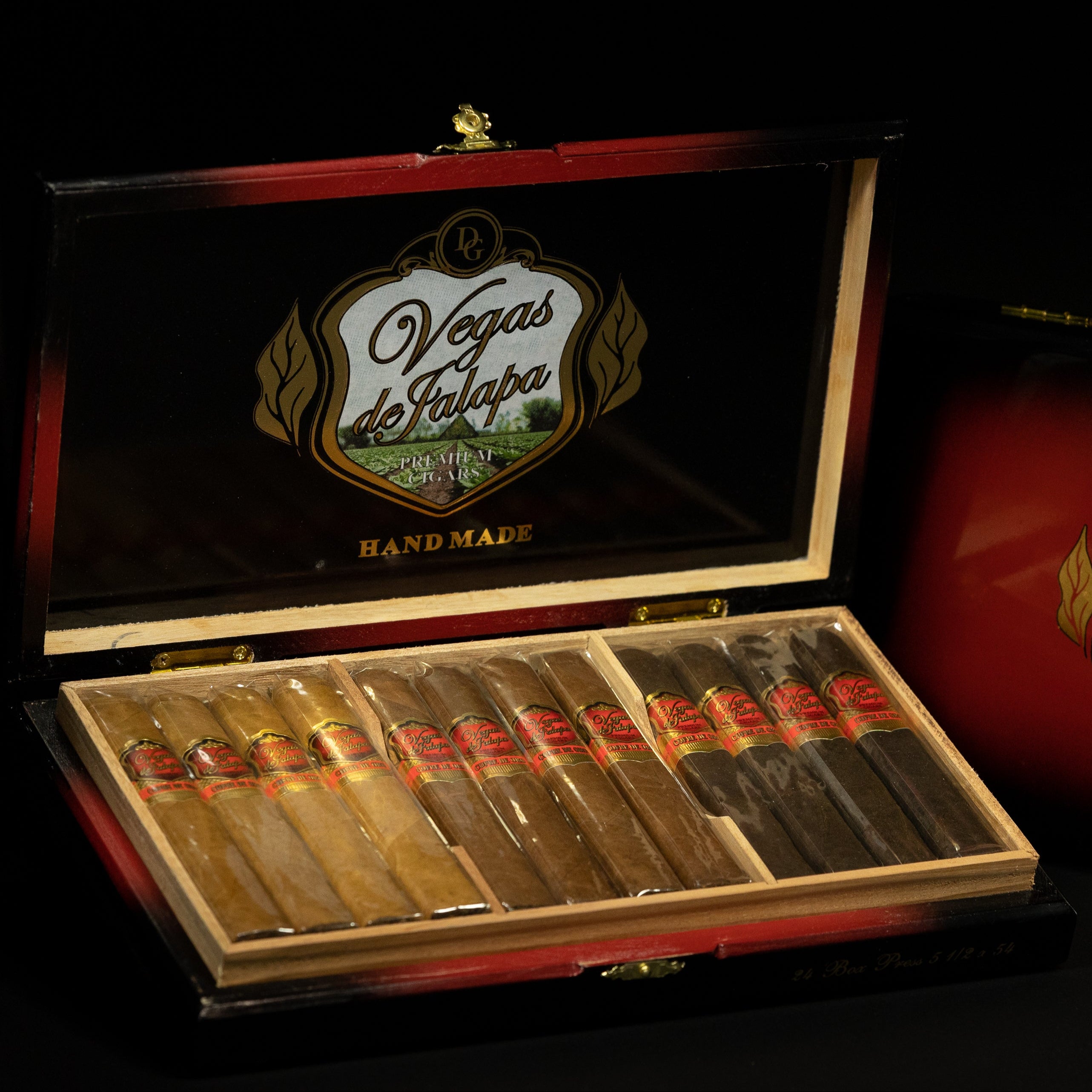 Vegas de Palapa cigar box with cigars on a black background
